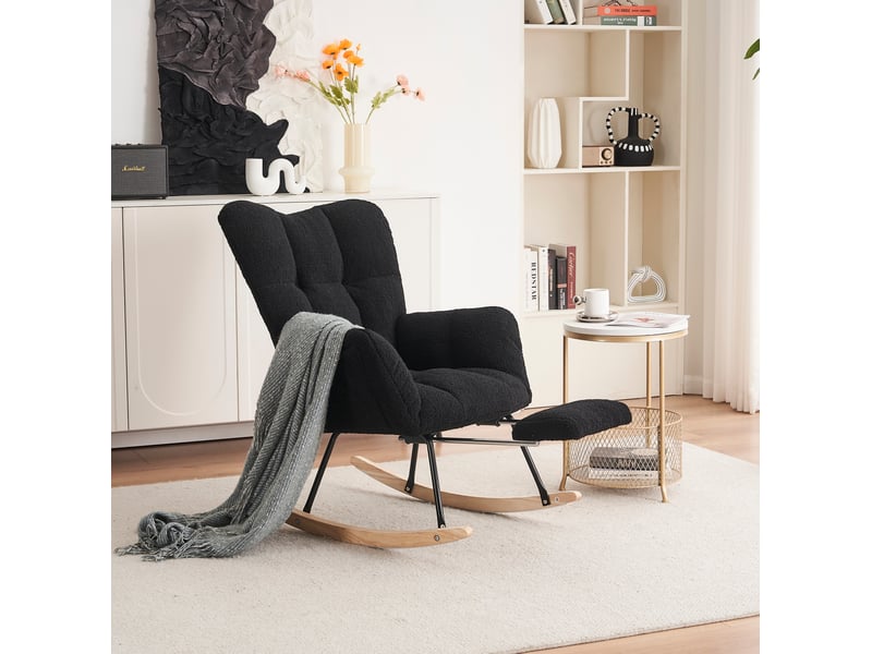 Fauteuil à bascule confortable, revêtement teddy, noir, relax, modèle à oreilles avec repose-pieds et porte de rangement  - Conforama E