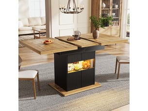 Table à manger extensible 110-140x80x76 cm avec rangement et led, coloris noir et décor bois