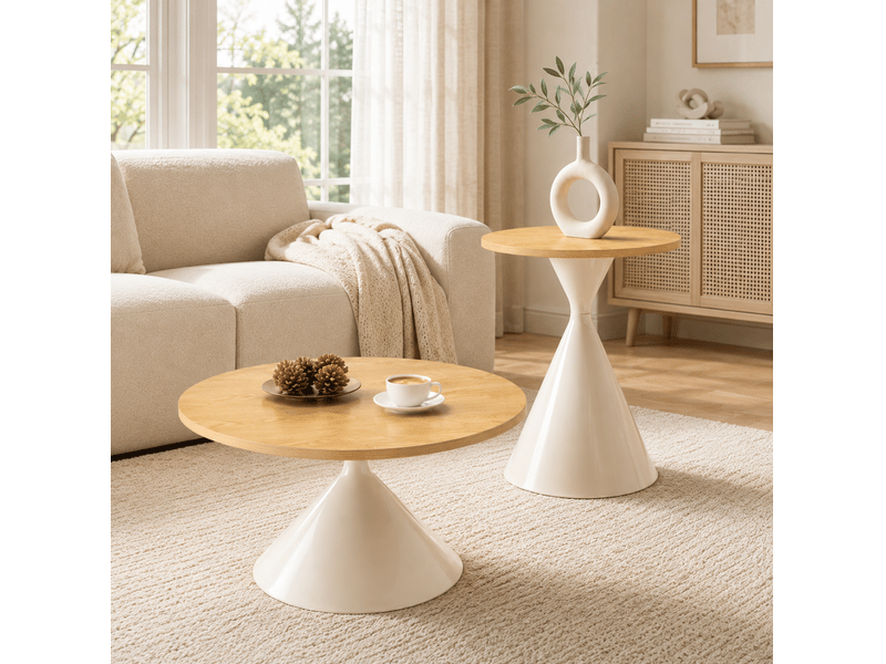  Set de 2 tables rondes ø70x40 cm et ø50x55 cm en mdf et métal coloris naturel et blanc  - Conforama C