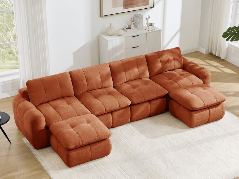 Canapé d'angle modulable 4 places en tissu chenille, forme u avec 2 poufs, orange - Conforama B