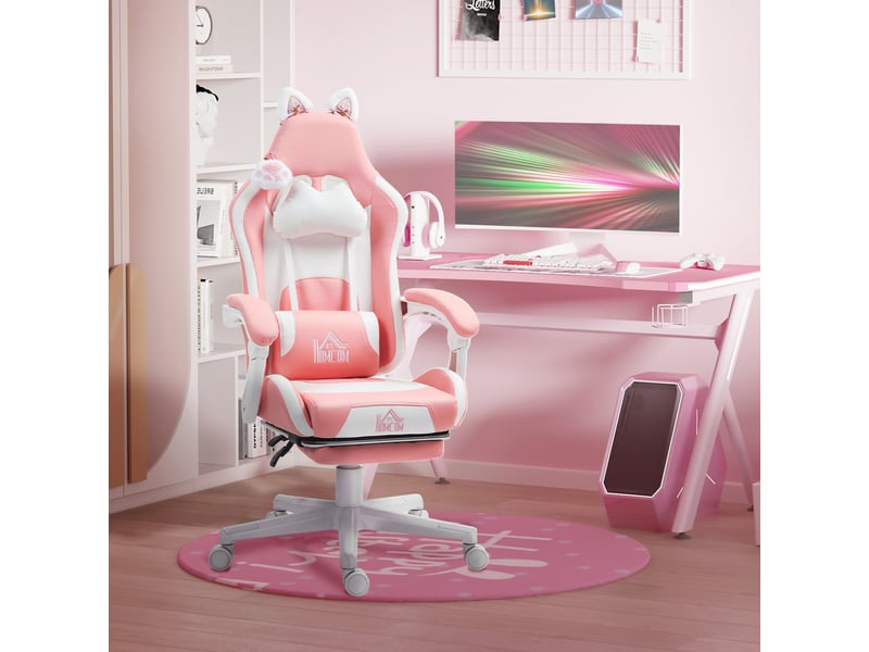 Chaise gaming ergonomique avec oreilles de chat repose-pieds soutien lombaire et cervical rose - Conforama B