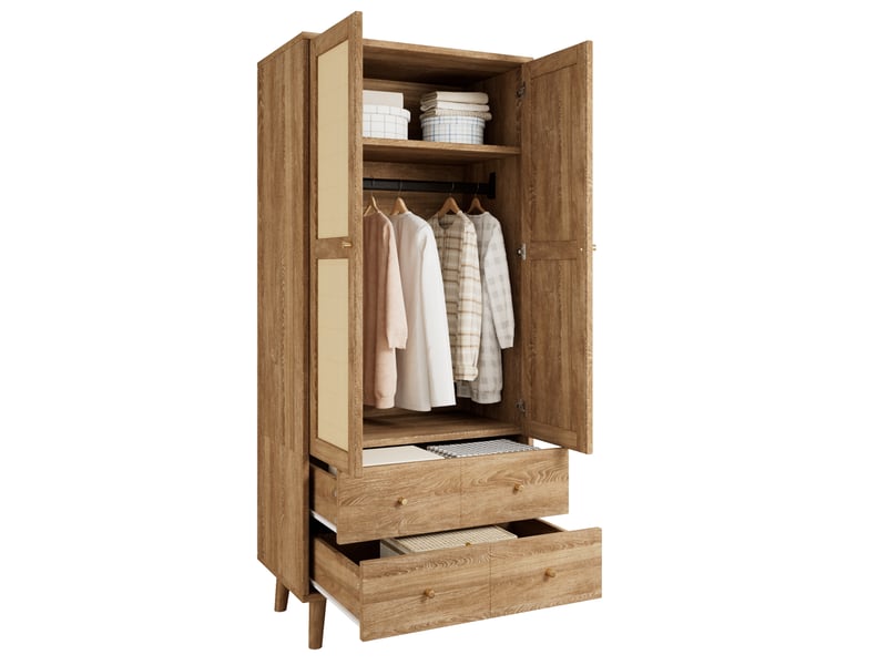  Armoire avec penderie, étagères et 2 tiroirs, façades effet rotin, pour chambre ou entrée, noyer, 80 × 50 × 180 cm  - Conforama A