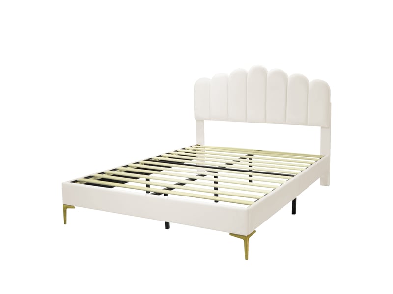  Lit double 140x200 cm en velours beige, tête de lit réglable et sommier à lattes  - Conforama D