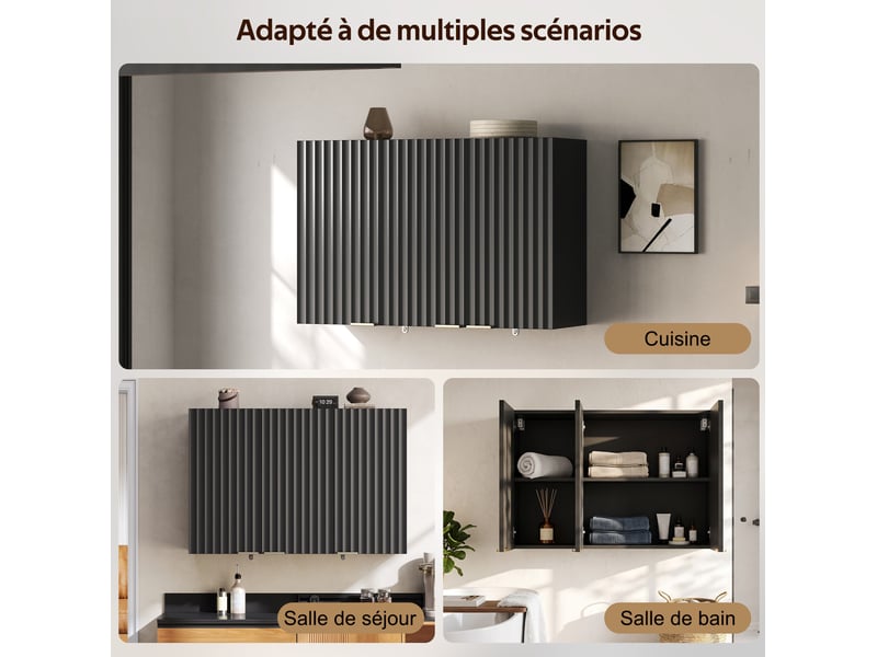  Meuble haut mural 90x29x60 cm à 3 portes avec finition noire  - Conforama D