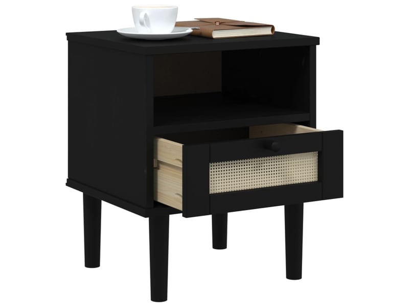  Table de chevet - cabinet de chevet - table de nuit senja aspect de rotin noir bois de pin massif  - Conforama C