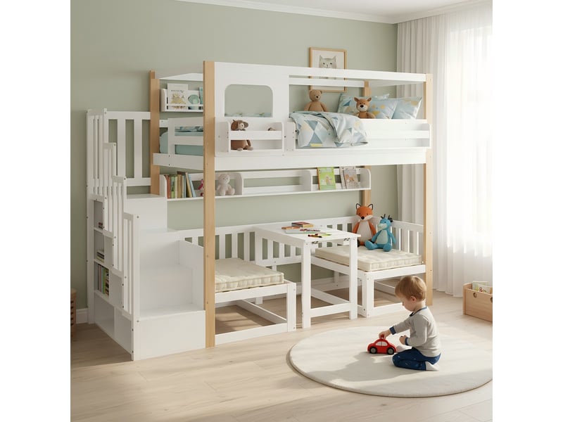  Lit superposé enfant 90x200cm blanc et naturel, table réglable, escalier rangement et bibliothèque  - Conforama E