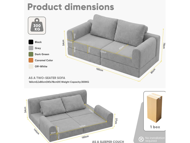  Canapé-lit pliant convertible 2 places 160 x 80 x 78 cm gris en tissu, couchage d'appoint modulable  - Conforama C
