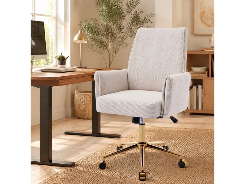  Fauteuil de bureau réglable en hauteur, dos moyen, tissu corduroy blanc et forme ergonomique  - Conforama C