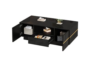 Table basse led avec 2 portes, 1 tiroir et niche ouverte, finition brillante noire et accents dorés, 100 × 50 × 35,5 cm