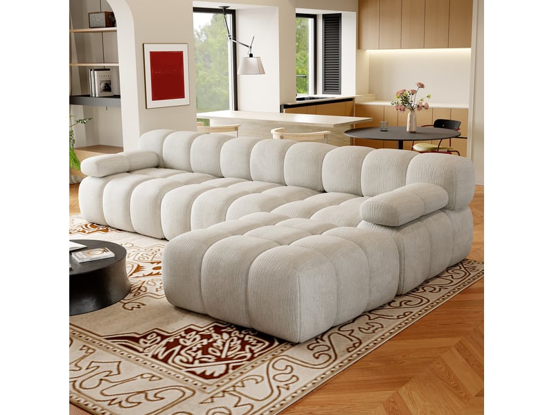  Canapé d'angle fixe 4 places en tissu blanc 300 cm, lignes arrondies et mousse confortable pour le salon  - Conforama B