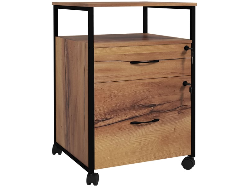  Caisson bureau mobile avec 2 tiroirs, marron, meuble rangement bureau sur roulettes avec barres pour dossiers  - Conforama B