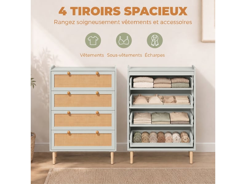  Commode 4 tiroirs en bois et rotin pvc, style bohème, pour chambre à coucher, entrée, couloir, 80x40x109,2cm, vert sauge  - Conforama E
