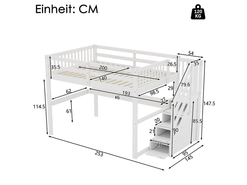  Lit mezzanine 140 x 200 cm, lit enfant surélevé, tiroirs de rangement, bureau intégré, étagères ouvertes, échelle, bois massif, blanc Morn Vibe - Conforama C