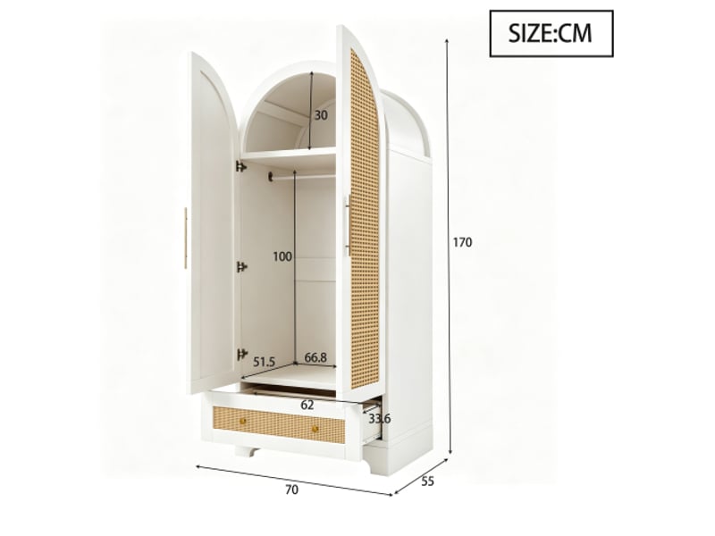 Garde-robe 70×55×170 cm – portes doubles, tiroirs et étagères, portes en rotin artificiel, blanc - Conforama C