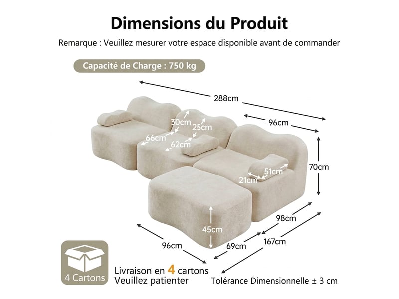  Canapé d'angle modulable 3 places en velours beige - mousse 32d assise profonde avec ottoman  - Conforama C
