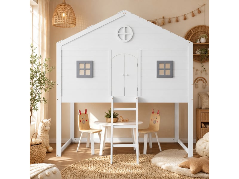  Lit mezzanine enfant 90 x 200 cm avec escalier, barrières et fenêtres grises  - Conforama B