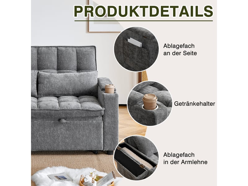  Canapé convertible 2 places 142 cm en chenille, canapé-lit avec fonction lit, rangement, porte-gobelets et coussins inclus - gris  - Conforama E