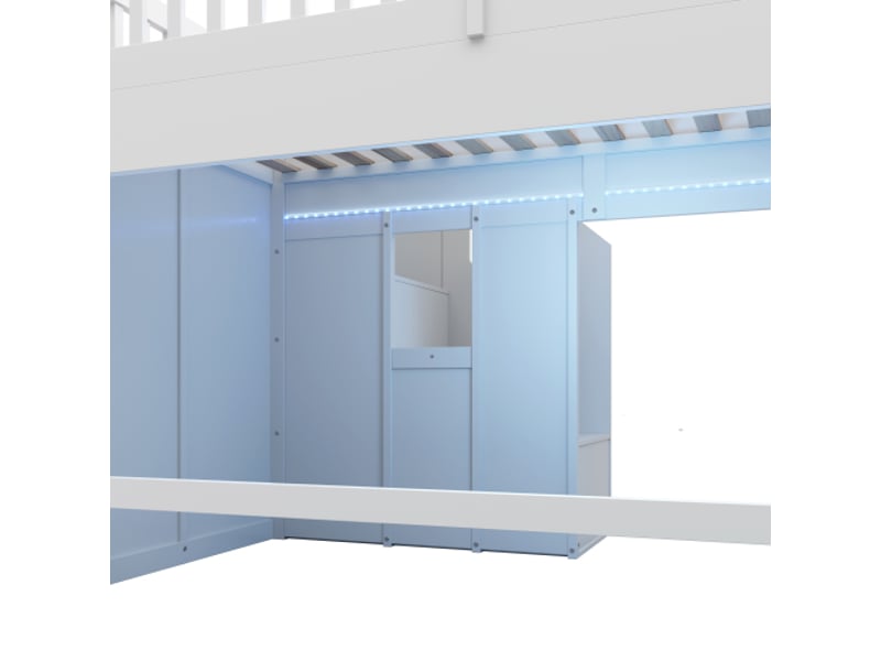  Lit superposé enfant 90×200cm, toboggan + anti-chute + escalier, led, bois massif, blanc  - Conforama E