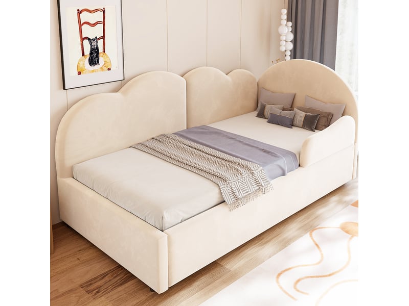  Lit gigogne, 90x200 cm, lit tiroir, avec tête de lit inspirée d’un nuage, matelas non inclus, velours, coloris beige  - Conforama D
