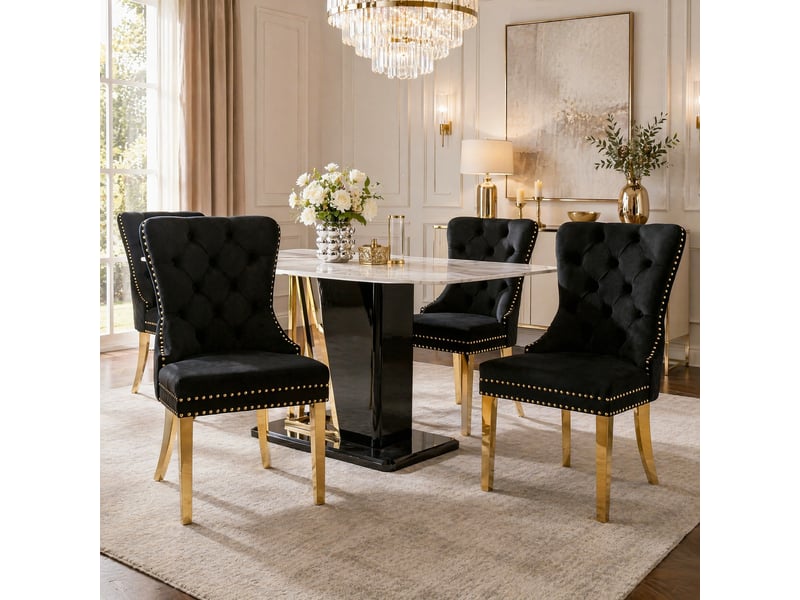 Chaise de salle à manger, lot de 4, velours noir, pieds en acier inoxydable doré - Conforama C