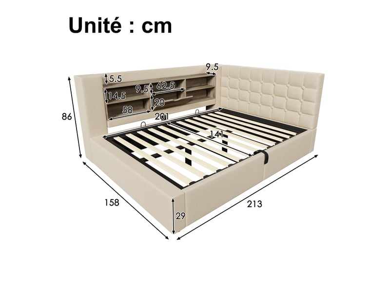  Lit coffre 140x200 cm - lit double avec rangement hydraulique, led intégrée et ports usb type-c, tête de lit fonctionnelle - sans matelas - lin beige  - Conforama C