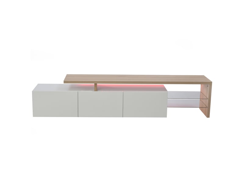  Meuble tv led - 200x39x42cm - design moderne - avec rangement, étagères verre &amp; éclairage multicolore - blanc et bois  - Conforama A