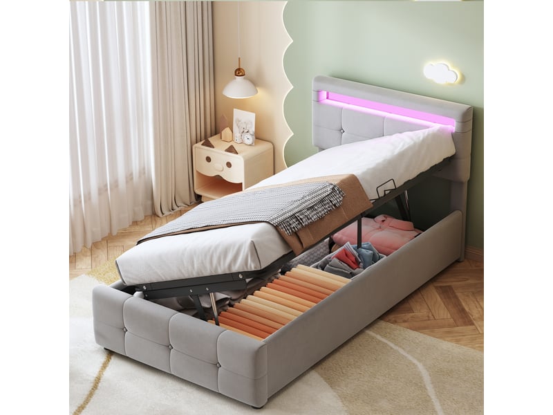  Lit enfant coffre rembourré 90 x 200 cm avec led, rangement hydraulique et tête de lit réglable, velours gris Fay Lum - Conforama B