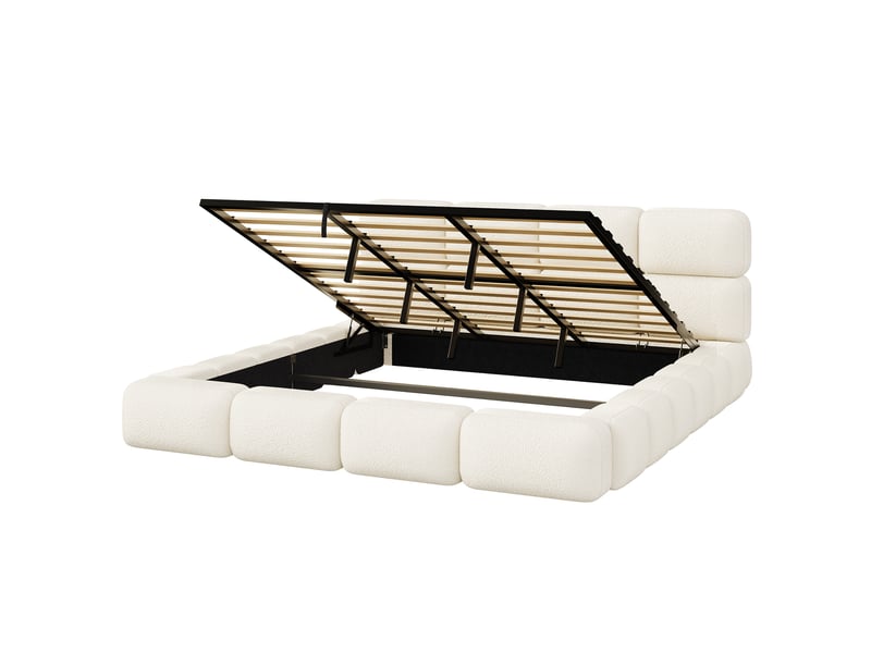  Lit double 200×200 cm avec rangement hydraulique, design bubble, bouclé blanc  - Conforama D
