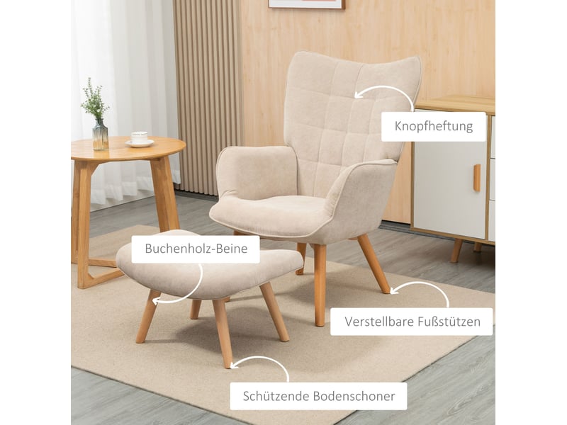  Fauteuil avec pouf repose-pieds capitonné, dossier haut et patins réglables, en velours côtelé beige  - Conforama E