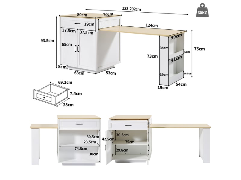  Desserte cuisine, îlot central sur roulettes avec plan de travail, plateau extensible, 2 tiroirs, dimensions 133 à 202 x 70 x 93,5 cm, mdf, blanc  - Conforama C