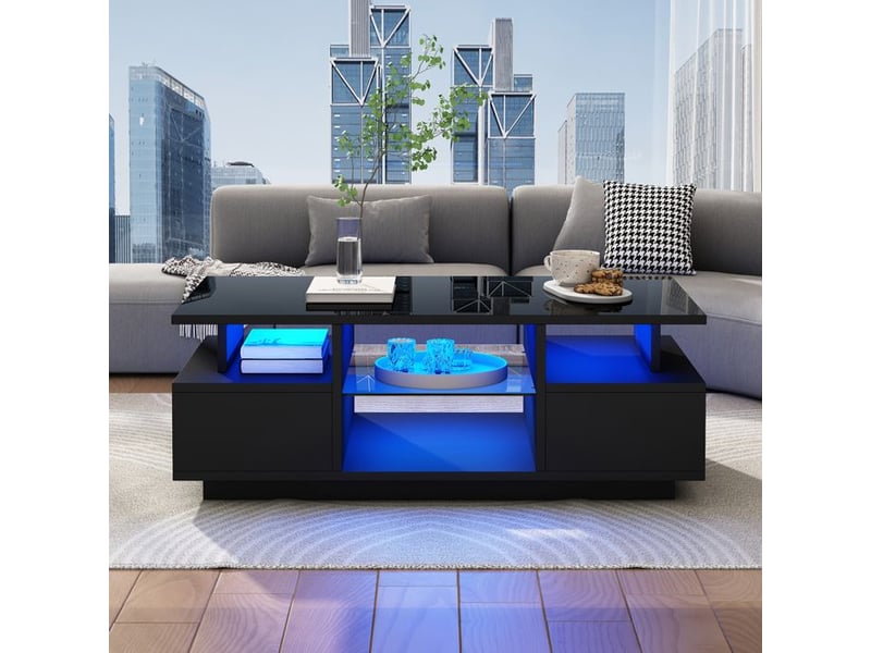  Table basse led - dimensions - éclairage led intégré - surface noire haute brillance - 2 tiroirs pratiques 100x50x36cm - Conforama C