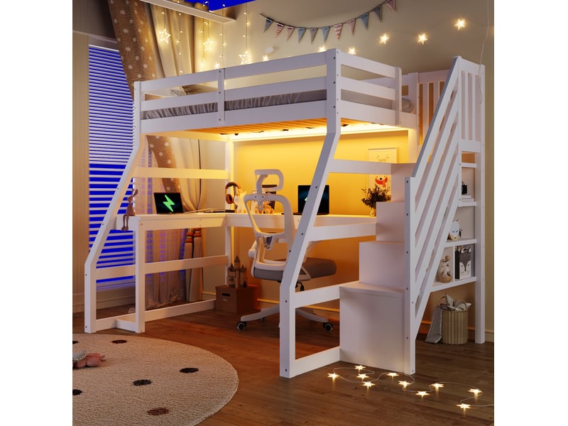 Lit mezzanine 90x200 cm avec bureau et éclairage led en pin et mdf blanc - Conforama C