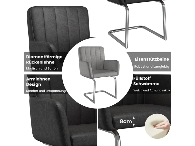  Chaises de salle à manger lot de 6 à dossier ergonomique  - pieds métal en z, similicuir noir  - Conforama E