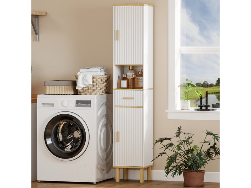 Colonne de salle de bain étroite avec étagères réglables, tiroir et compartiment ouvert, 31,5 x 29,7 x 171,5 cm, blanche - Conforama D