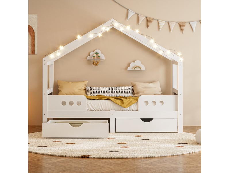  Lit cabane enfant 90x200 cm avec 2 grands tiroirs, sommier à lattes, finition vernis uv, cadre en mdf, blanc  - Conforama B