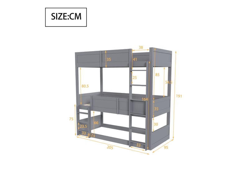 Lit enfant triple 90 x 200 cm gris en bois avec barrières hautes et deux échelles - Conforama C