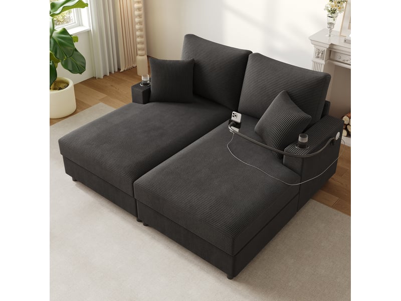  Canapé droit convertible 2 places en velours côtelé gris avec usb-c, porte-téléphone et deux porte-gobelets  - Conforama B