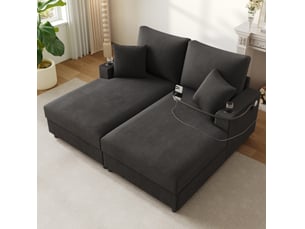 Canapé droit convertible 2 places en velours côtelé gris avec usb-c, porte-téléphone et deux porte-gobelets