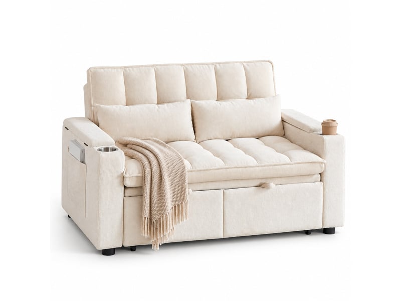  Canapé convertible 2 places 3-en-1 142 × 89 × 89 cm en chenille, rangements, poches latérales, 2 porte-gobelets, beige  - Conforama A