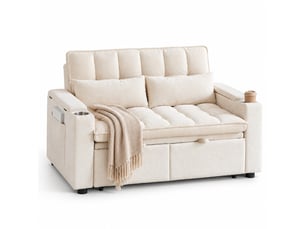 Canapé droit convertible   2 places Tissu beige avec coffre de rangement