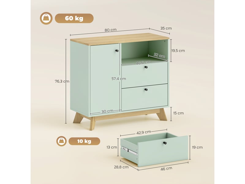  Buffet de salon, meuble de rangement avec porte, 2 tiroirs, compartiment ouvert et étagère réglable, vert clair et chêne  - Conforama E