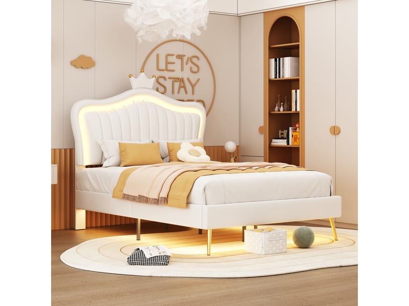 Lit enfant rembourré 90 x 200 cm avec led, tête de lit coquillage et couronne, similicuir blanc Fay Lum - Conforama D