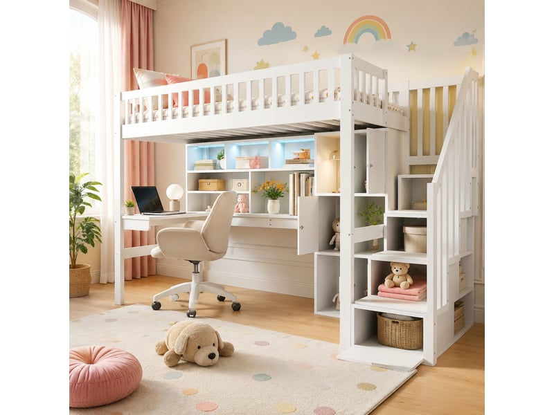 Lit mezzanine enfant simple 90×200 cm avec led, échelle de rangement et bureau - sans matelas, pin mdf blanc - Conforama C