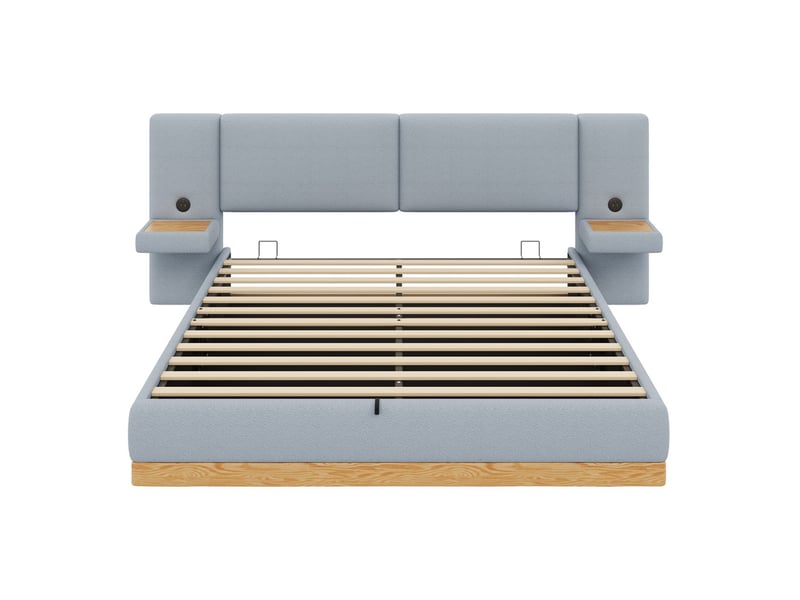 Lit coffre 140 x 200cm, avec étagère sur la tête de lit, port usb, gris et coloris naturel - Conforama A