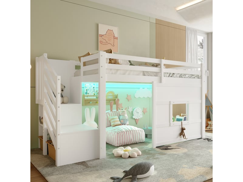  Lit mezzanine enfant 90 × 200 cm 1 place avec escalier de rangement, led et fenêtre, sans matelas, blanc  - Conforama B