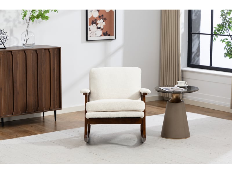  Fauteuil à bascule style mid-century en velours blanc avec structure en bois  - Conforama E