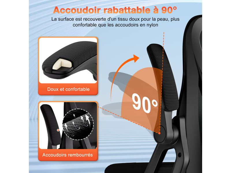  Chaise de bureau ergonomique maille, accoudoirs rembourrés, tête réglable hauteur&amp;angle, incl.90-135°, charge150kg  - Conforama E