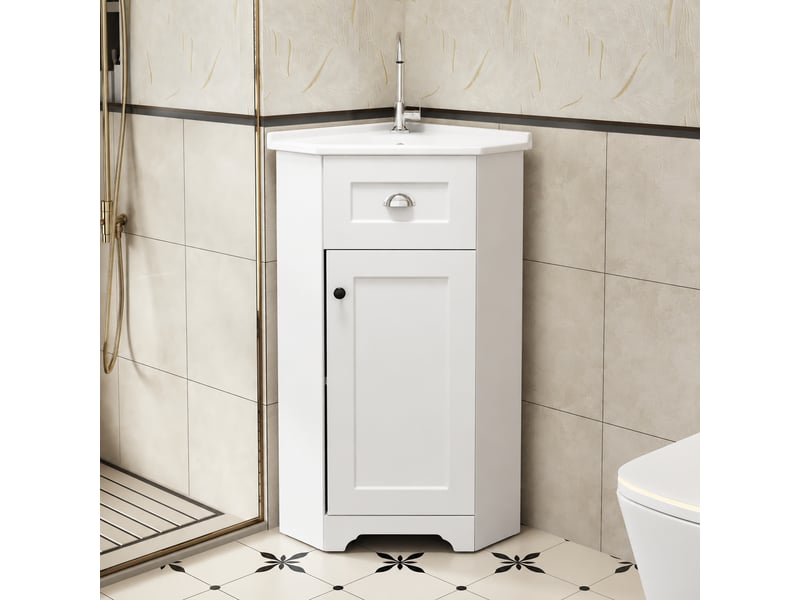  Meuble vasque blanc compact pour petite salle de bains avec vasque en céramique  - Conforama E