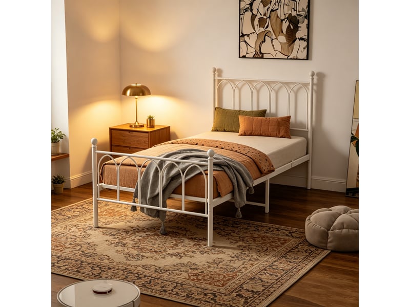  Lit simple 90x200 cm en métal blanc avec sommier à lattes, rangement sous le lit, style industriel  - Conforama E