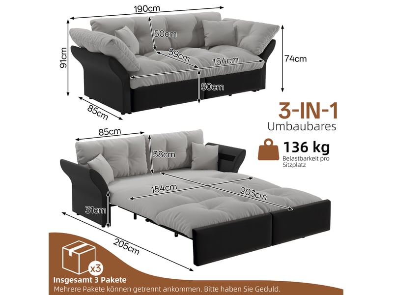  Canapé-lit convertible 3-en-1 190x85x91 cm velours gris clair  - Conforama E